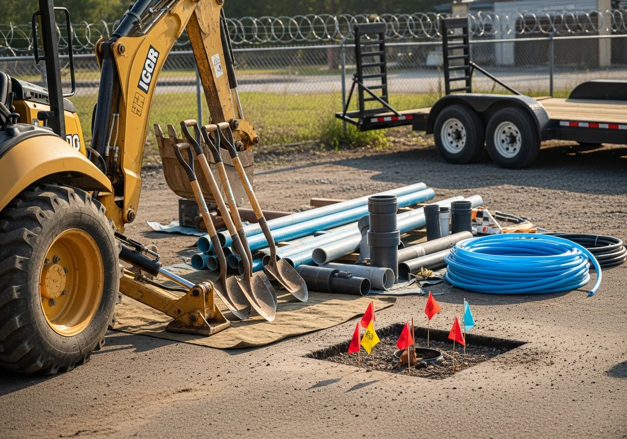 Excavation equipment and utility installation tools staged on a job site, ready for water and sewer line work.