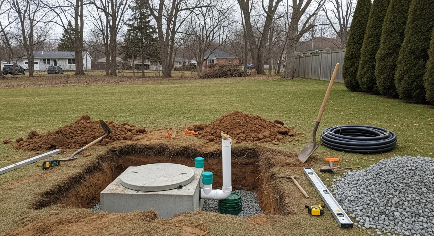 Septic system installation equipment on residential property
