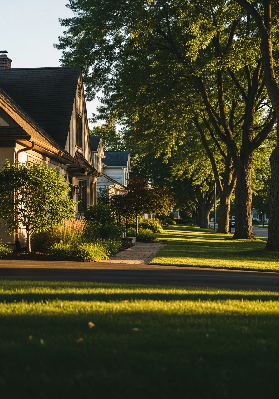 Suburban Monroe County street with single-family homes and mature landscaping typical of the county's residential character.