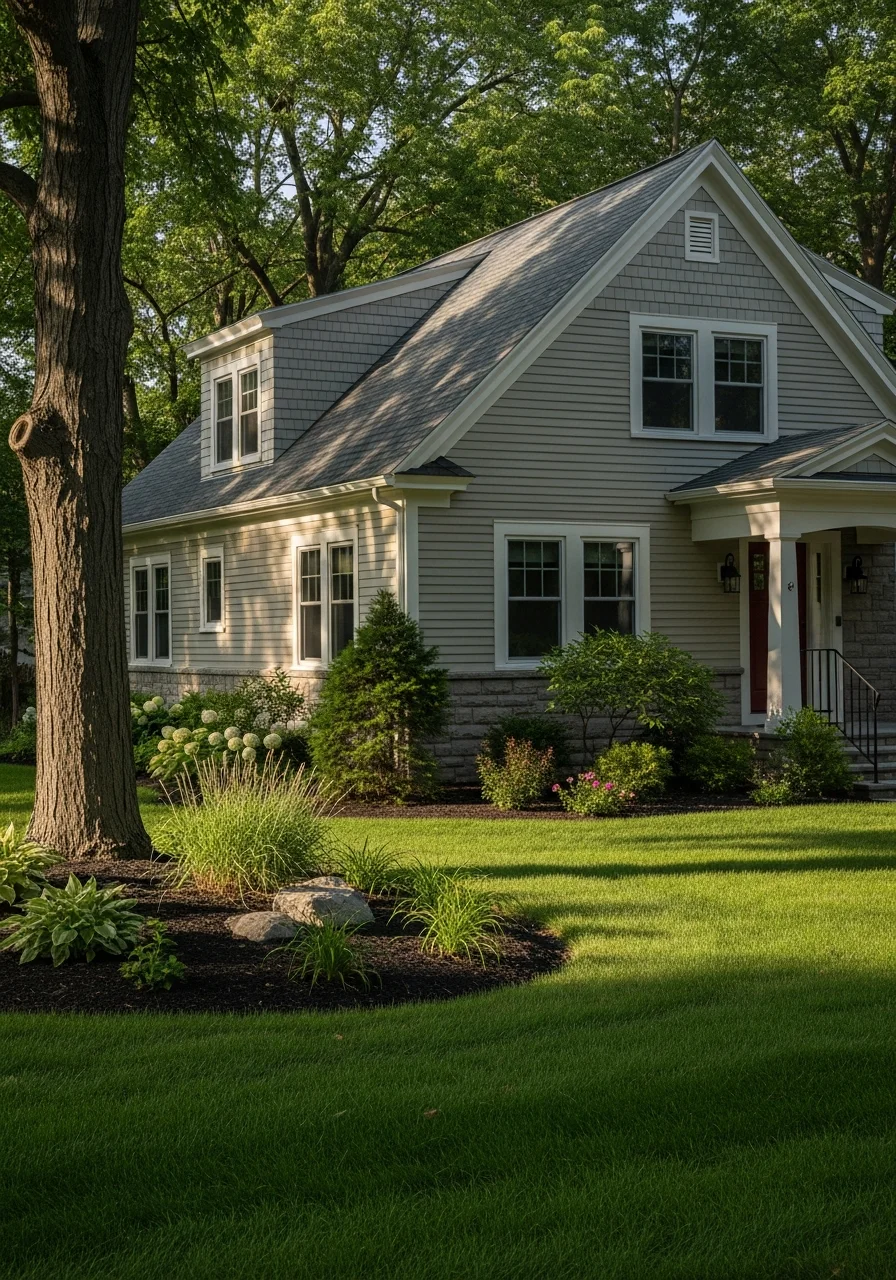 Close-up of an Ontario County home's exterior showing classic details and established landscaping.