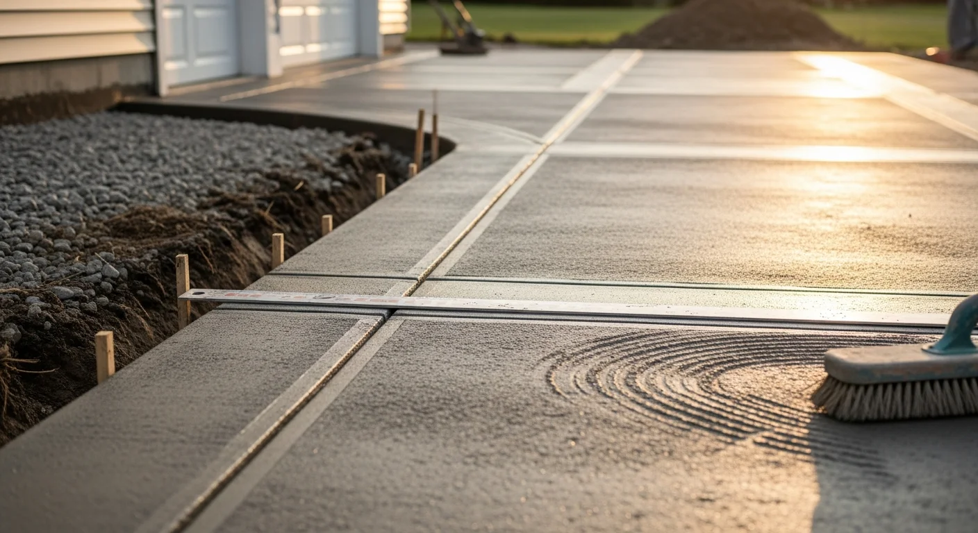Freshly installed concrete driveway at a Rochester, NY residential property, showing a smooth, level surface with visible control joints and a compacted base edge. The driveway leads to an attached garage on a single-family home in a Monroe County neighborhood.