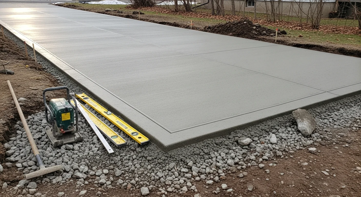 Freshly poured and finished concrete driveway at a residential property in Rochester, NY, with clean edges, a smooth surface, and visible slope away from the garage. The old cracked slab has been removed and replaced with reinforced concrete on a compacted base.
