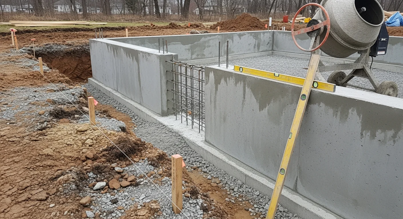 A freshly poured reinforced concrete foundation wall at a residential construction site in Rochester, NY, with visible rebar placement and formed footings set below grade. The surrounding excavated soil shows the depth required for Monroe County frost-line compliance.