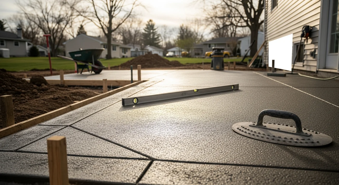 A freshly poured and broom-finished concrete patio installed in a Rochester, NY residential backyard. The slab sits flush with the surrounding lawn with clean edges and visible control joints.