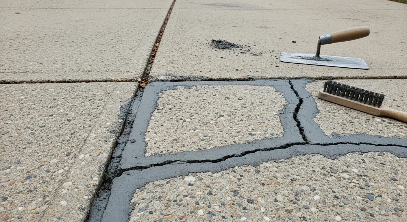 A repaired concrete driveway in Rochester, NY showing a smooth, crack-free surface after patching and sealing. The surrounding yard shows a residential Monroe County property with no visible spalling or settled sections.