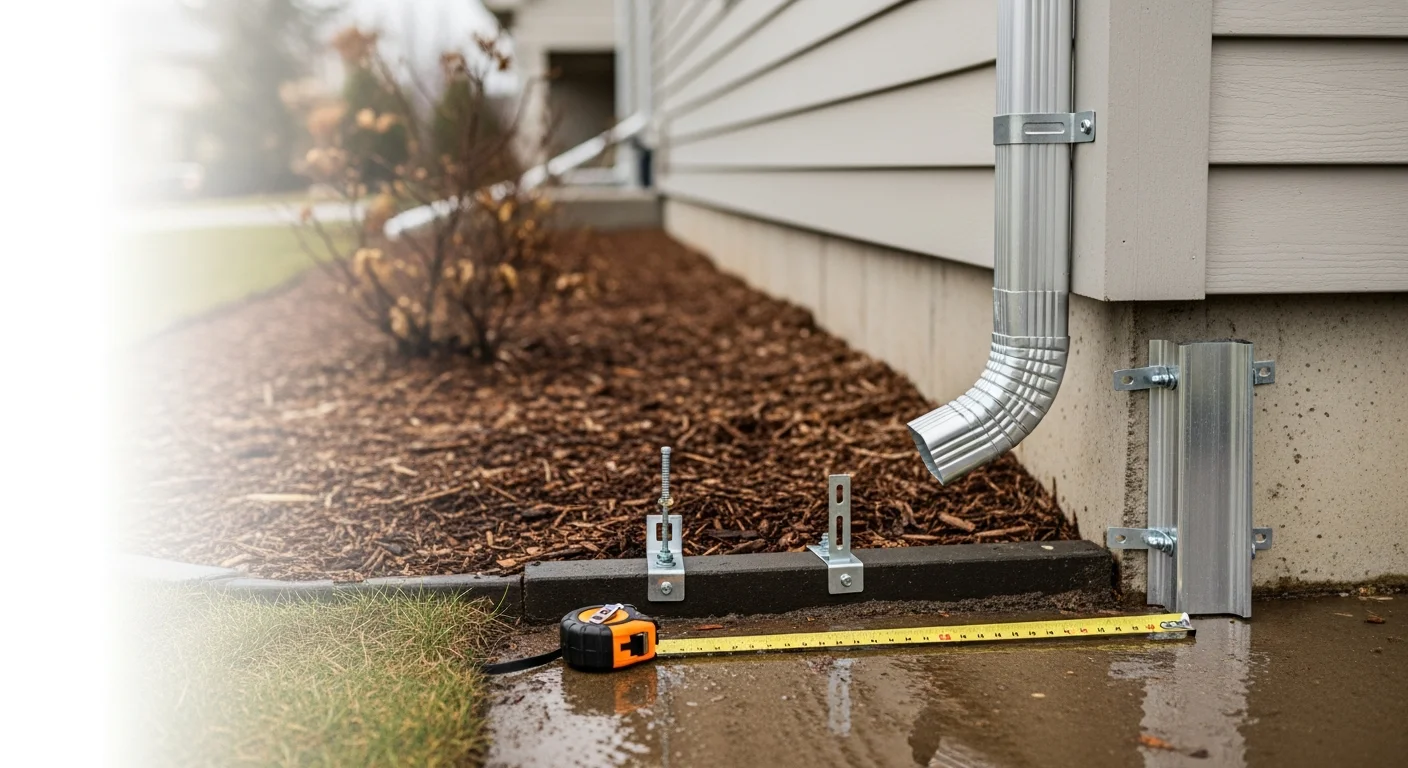 A newly installed downspout on a two-story Rochester home, secured to the exterior wall and extending to a ground-level discharge point away from the foundation. Snow and wet leaves are visible on the surrounding ground, showing a typical late-season drainage condition in Rochester, NY.