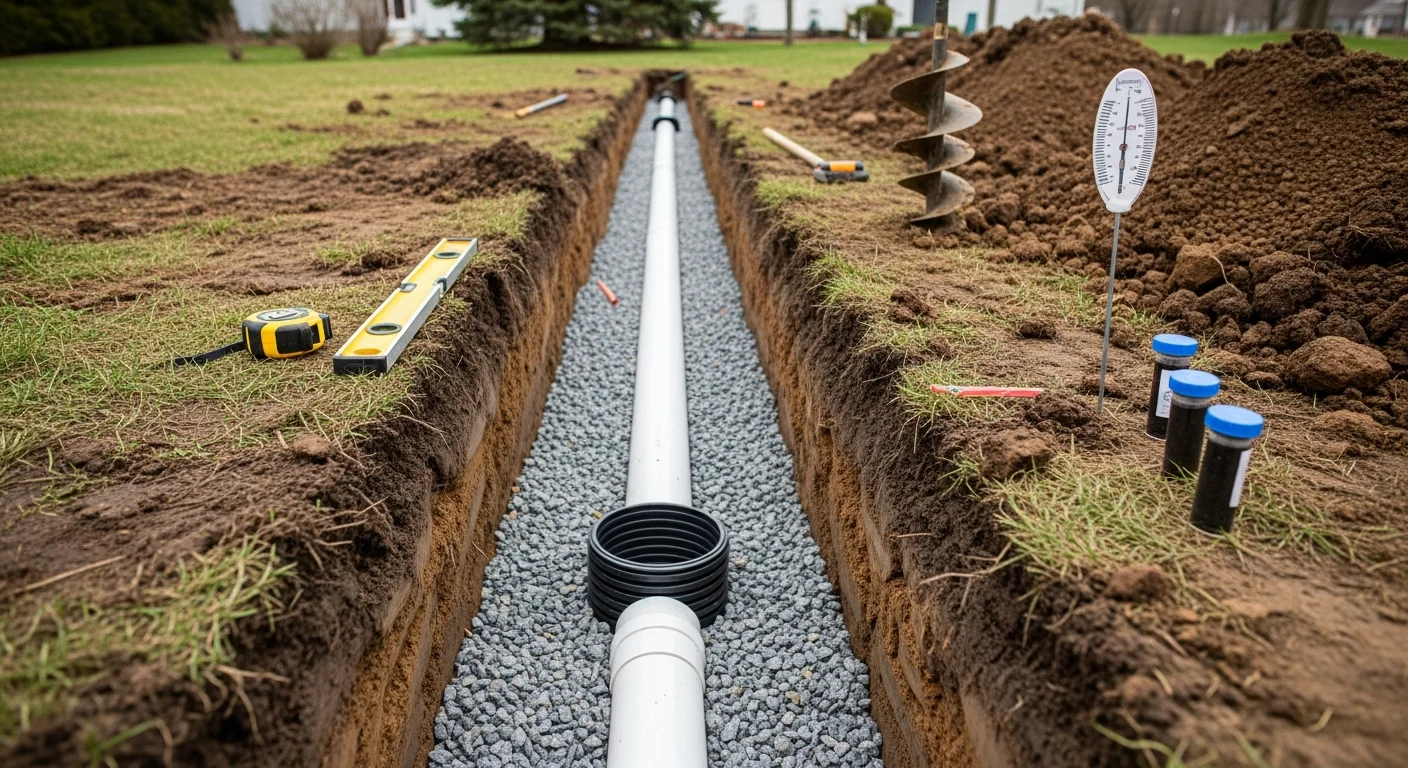 Freshly excavated drain field trenches on a residential Rochester, NY property, with perforated pipe laid in gravel-bedded rows ready for backfill. A Tru North Pipe crew works alongside the open trench during a septic system installation.