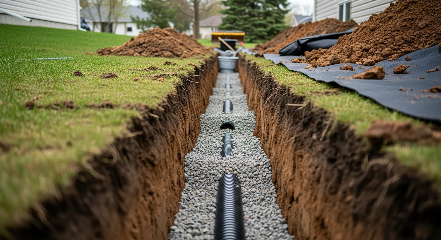 A freshly excavated French drain trench with a perforated pipe set in a gravel bed alongside a Rochester residential home. The surrounding yard shows clay soil typical of the region, with the drain routed away from the home's foundation toward a drainage outlet.