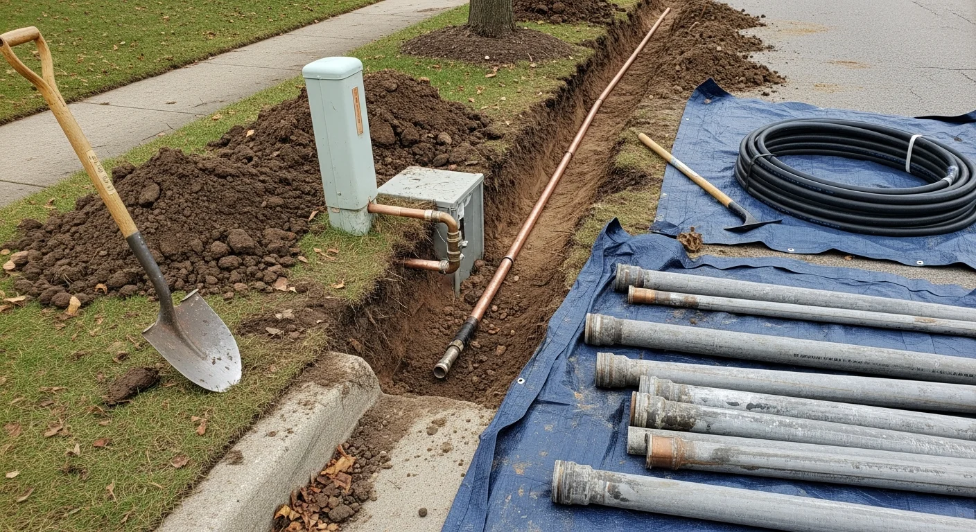 A plumber excavating a deteriorated lead water service line in a Rochester residential yard, with new service piping laid alongside the trench ready for installation.