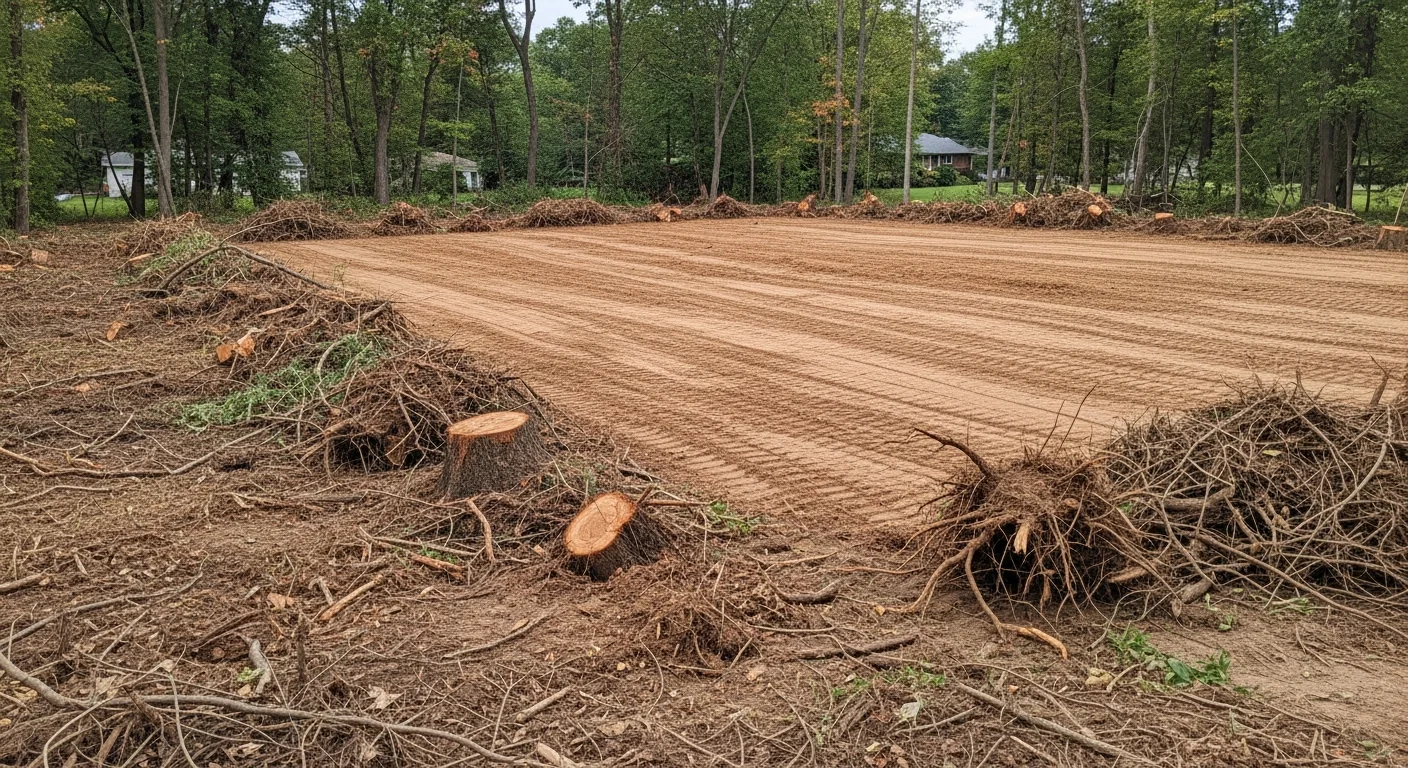 A cleared residential lot in Rochester, NY with stumps and brush removed, showing exposed soil graded and ready for construction. An excavator from Tru North Pipe is visible at the edge of the cleared site.