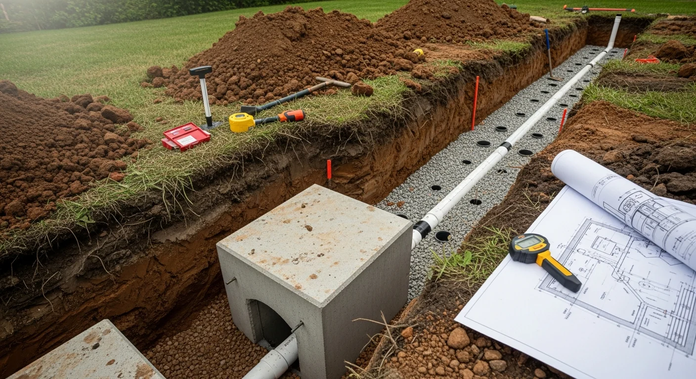 A newly installed septic system on a residential property in Rochester, NY, showing a buried tank with a visible access riser and a graded drain field area ready for seeding. A Tru North Pipe service truck is parked in the background on a cleared suburban lot.