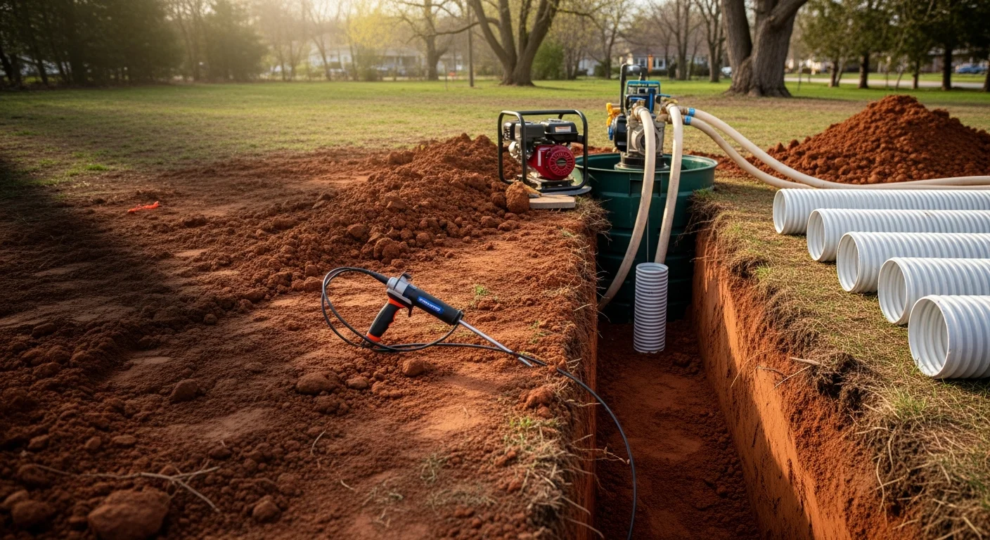 A septic system repair in progress at a Rochester, NY residential property, showing an open tank access point and exposed drain field lines in clay soil. A technician inspects the system components in a backyard setting.