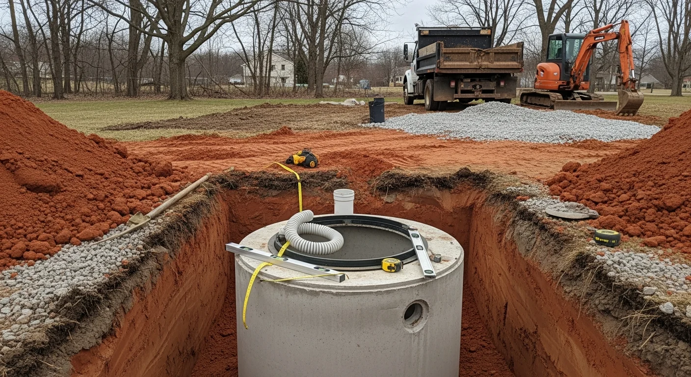 A newly installed residential septic system with a concrete tank and drain field trenches on a Rochester, New York property. Freshly graded soil surrounds the installation site following excavation and system placement.
