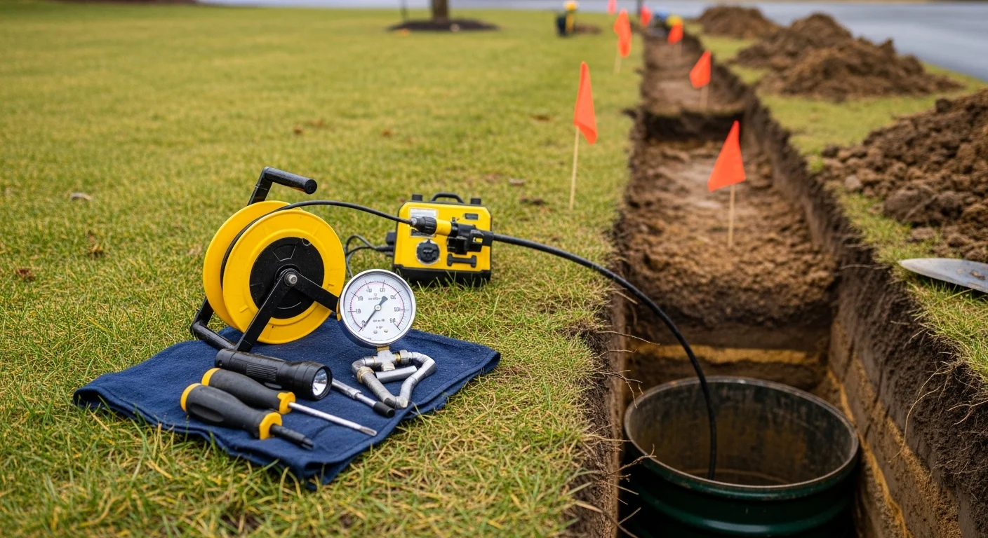 A septic tank access lid open in a Rochester backyard with a technician inspecting the tank interior and surrounding soil. Clay-heavy ground is visible around the excavated area near the tank.