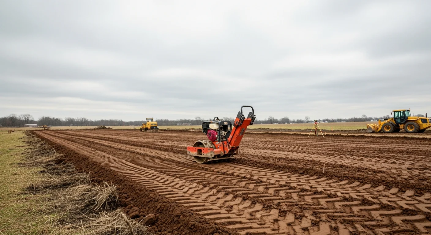 Excavation equipment grading and leveling a cleared residential lot in Rochester, NY, with compacted soil and a defined slope visible across the prepared site surface.