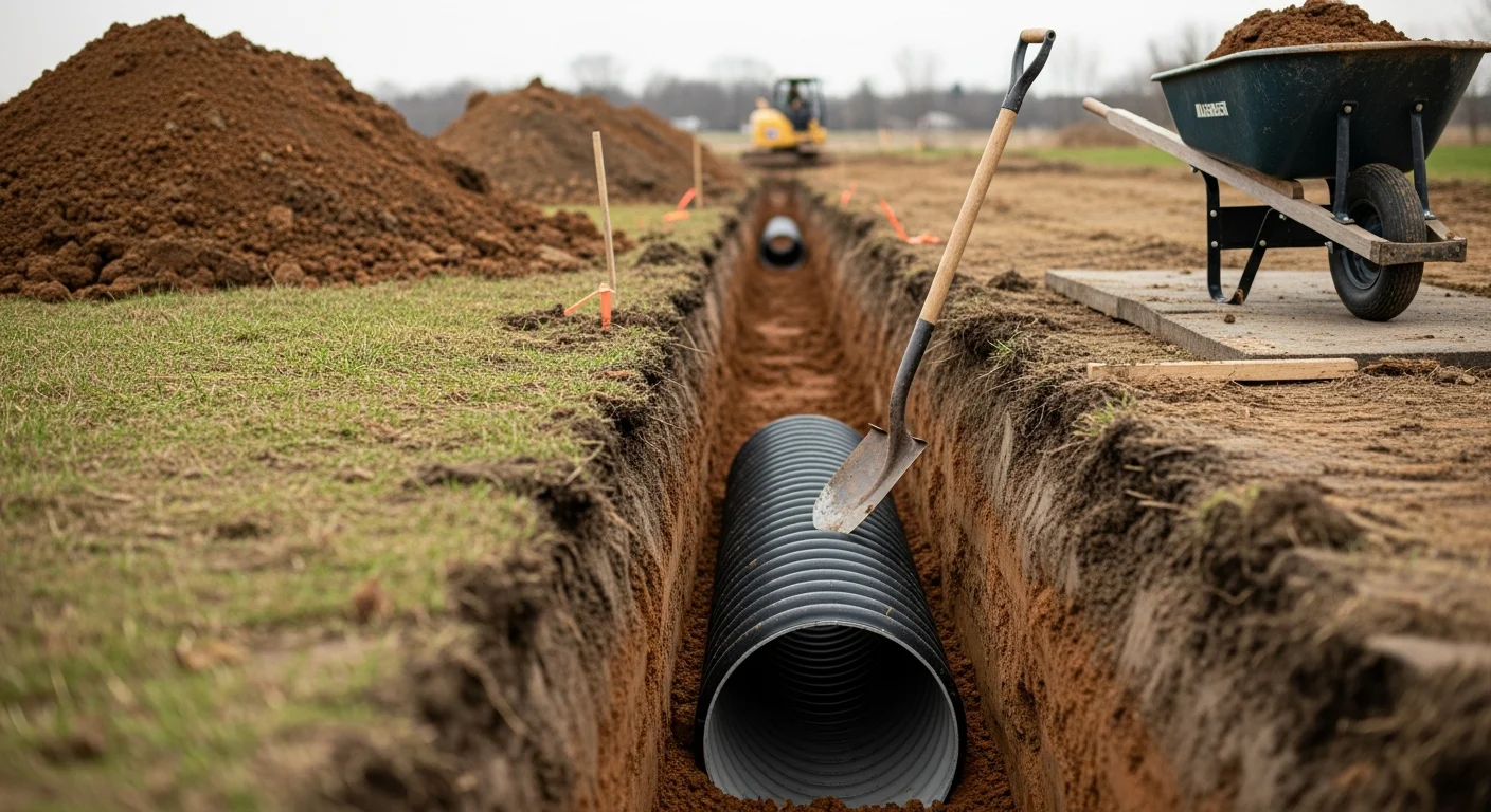 An excavation crew installs a storm drain pipe in an open trench on a residential property in Rochester, NY. The surrounding clay soil is visible along the trench walls, with grading work in progress to direct surface runoff away from the home's foundation.