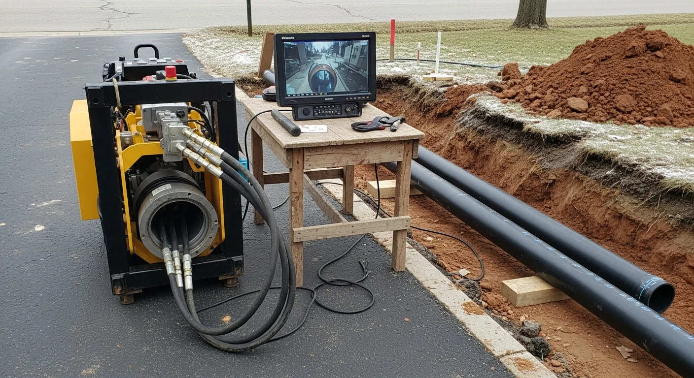 A Rochester residential front yard with minimal ground disturbance showing a completed trenchless water line replacement access point near the foundation. A Tru North Pipe technician stands beside the small entry excavation with equipment visible in the background.