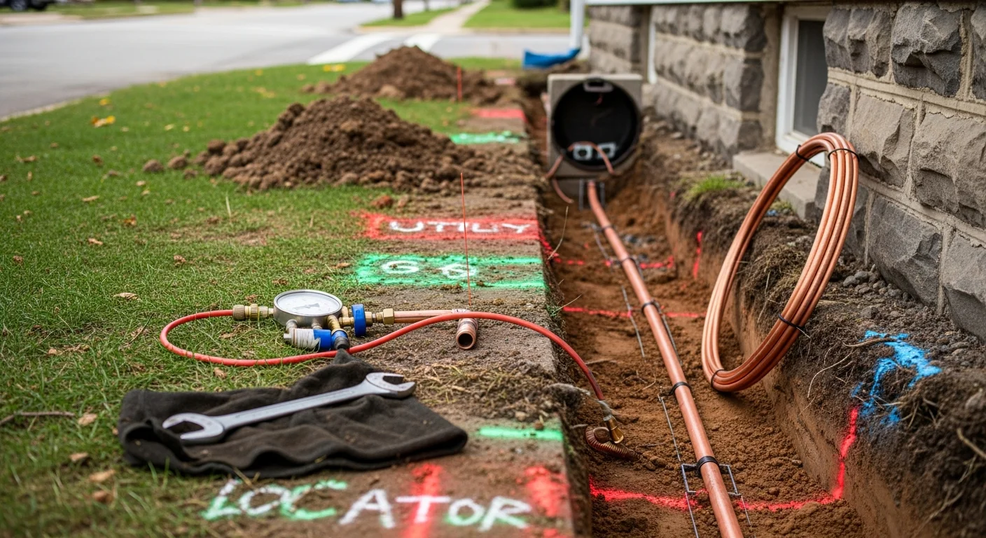 A freshly excavated trench in a Rochester residential yard showing a new water service line being installed from the street main to the home's foundation. A plumber in work gear connects the line at the curb valve access point.