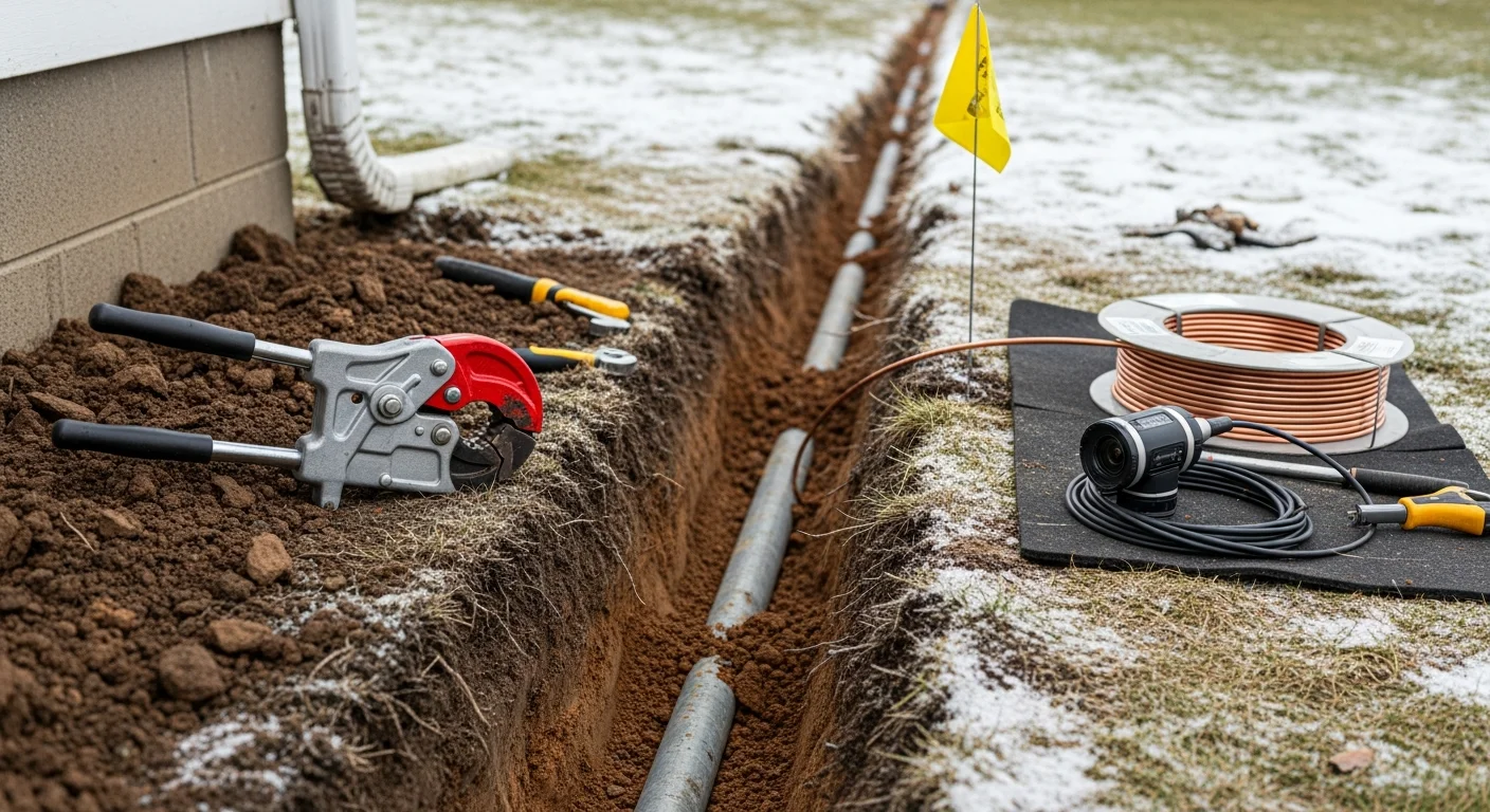 A plumber inspecting an exposed residential water service line in a Rochester yard, with visible pipe connections near the foundation. Surrounding soil shows signs of recent excavation for underground pipe repair.
