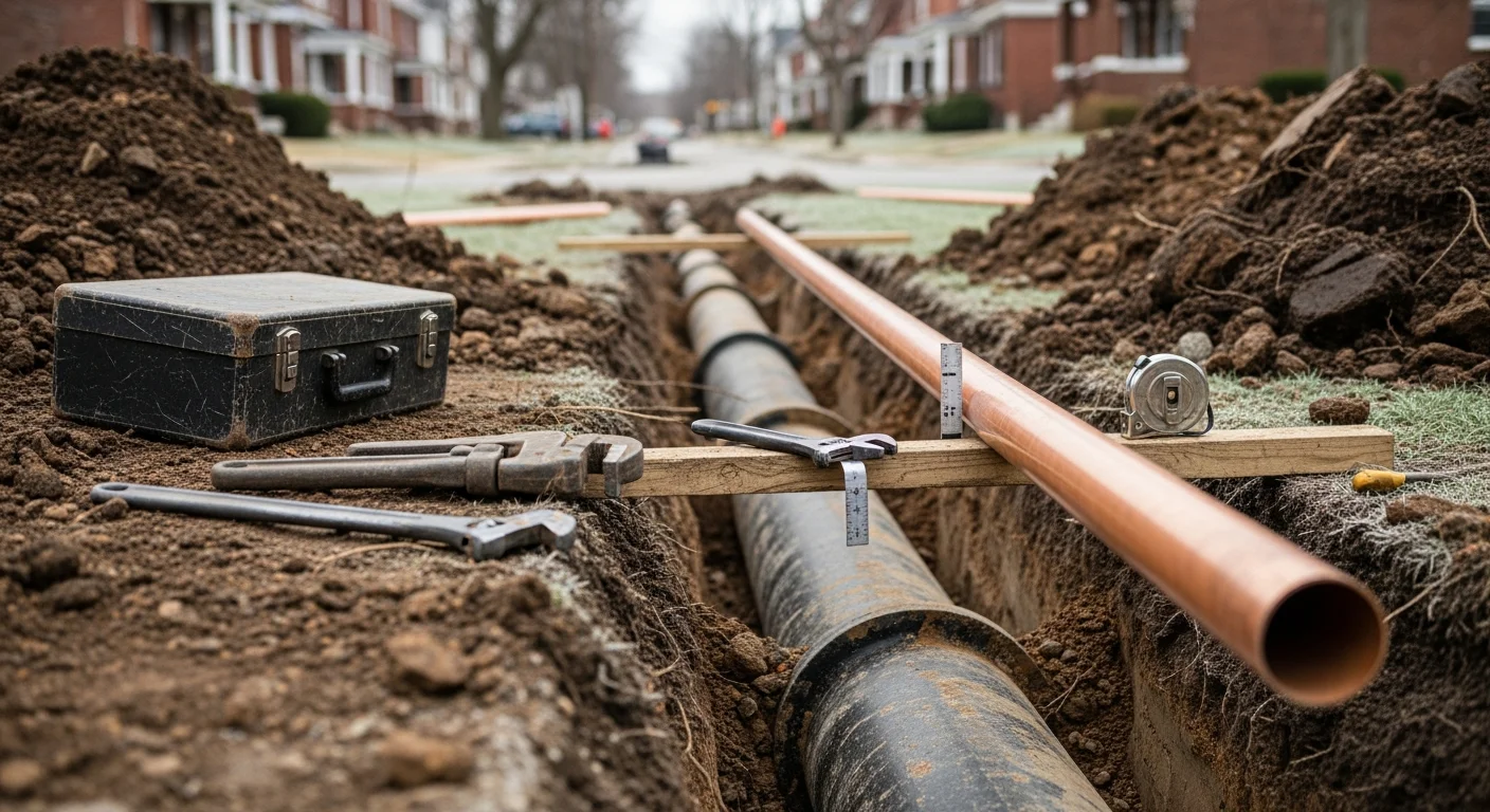 A freshly excavated trench in a Rochester, NY residential yard showing a new watermain pipe being set below the frost line. The surrounding soil is staged neatly alongside the open trench ahead of backfill and site restoration.